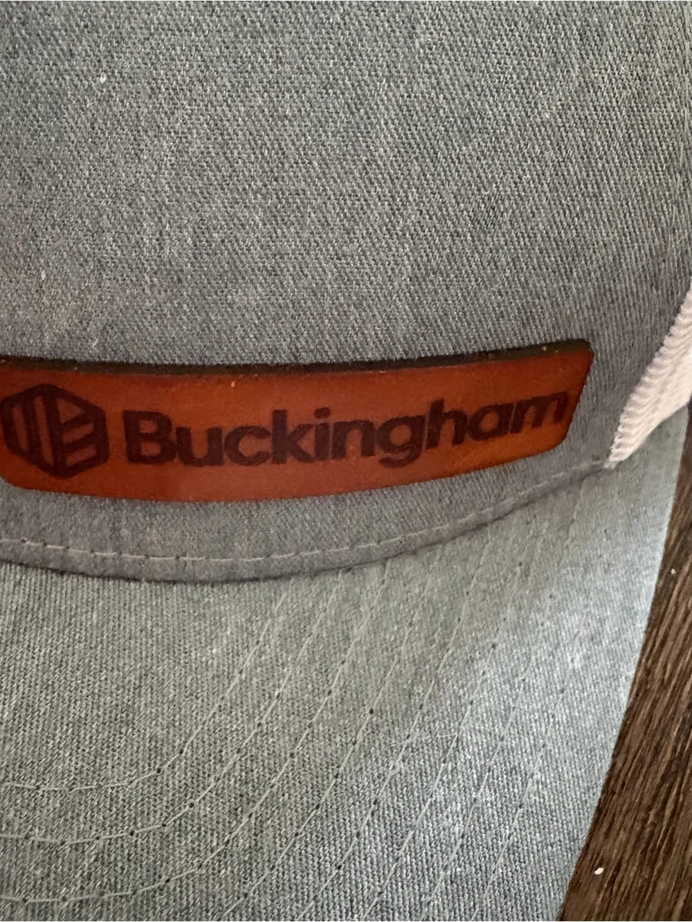 Buckingham Leather Patch Trucker Hat Heather Grey White Mesh Back Cap
